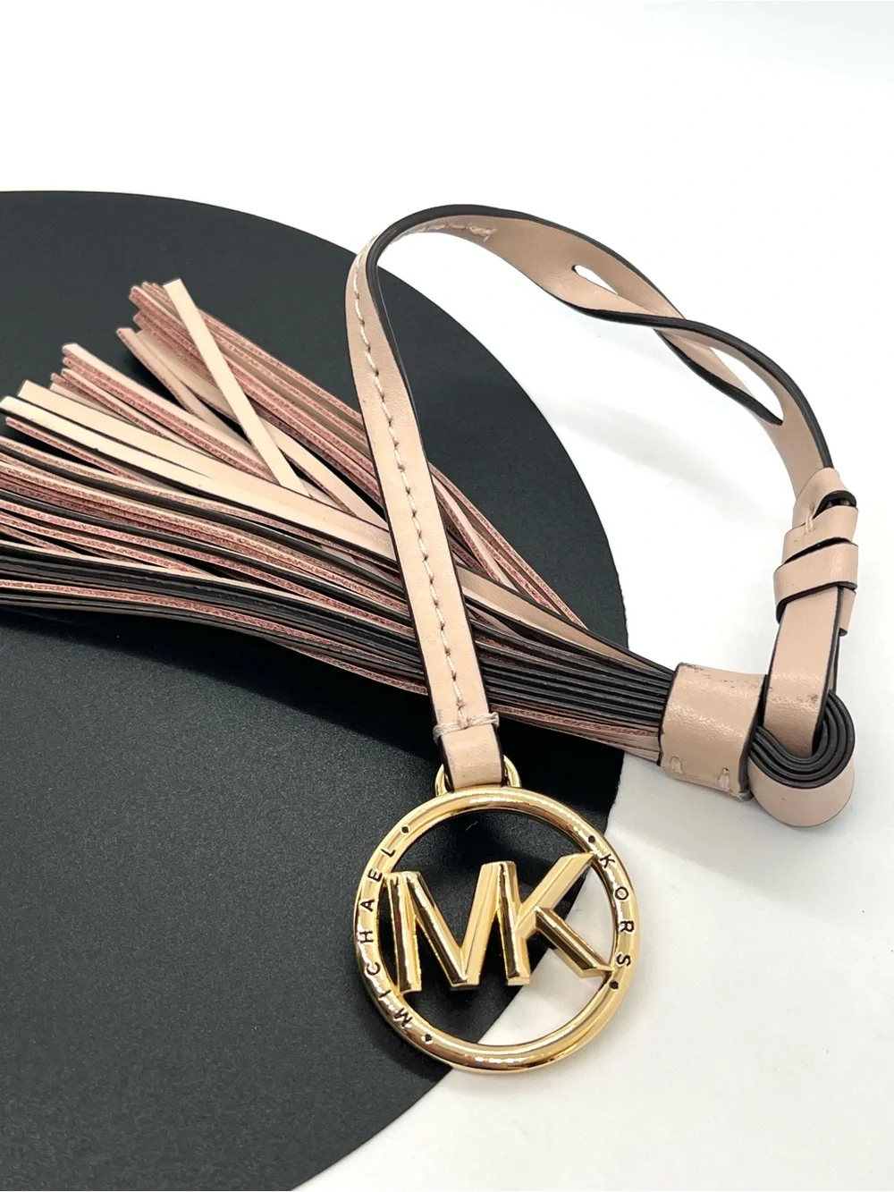 Michael Kors Blush Pink Leather Tassel Gold MK Logo Bag Charm Fob